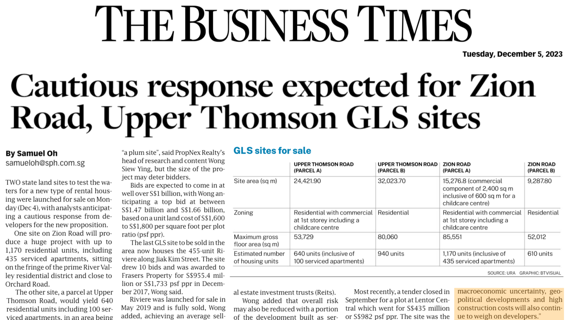 OrangeTee | Comments on tender launch at Upper Thomson Road and Zion Road